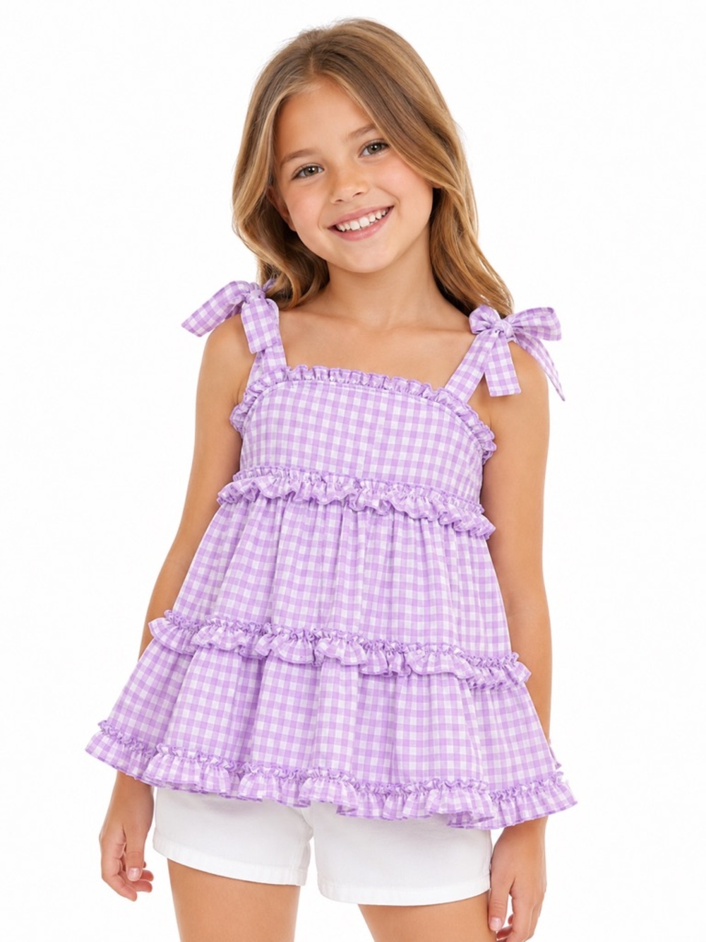 New - Kids Headquarters Purple Gingham Tiered Ruffle Top for Girls | 6X - Picture 2 of 9